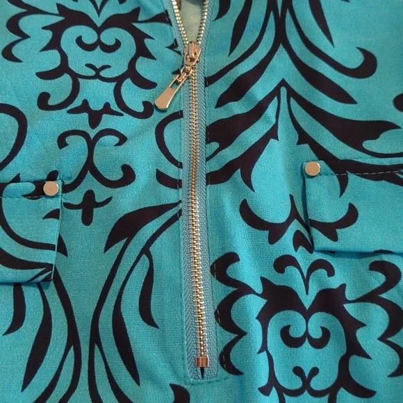 Bepei 2X Long Sleeve Blouse Turquoise Black Paisley Zipper - Picture 10 of 13
